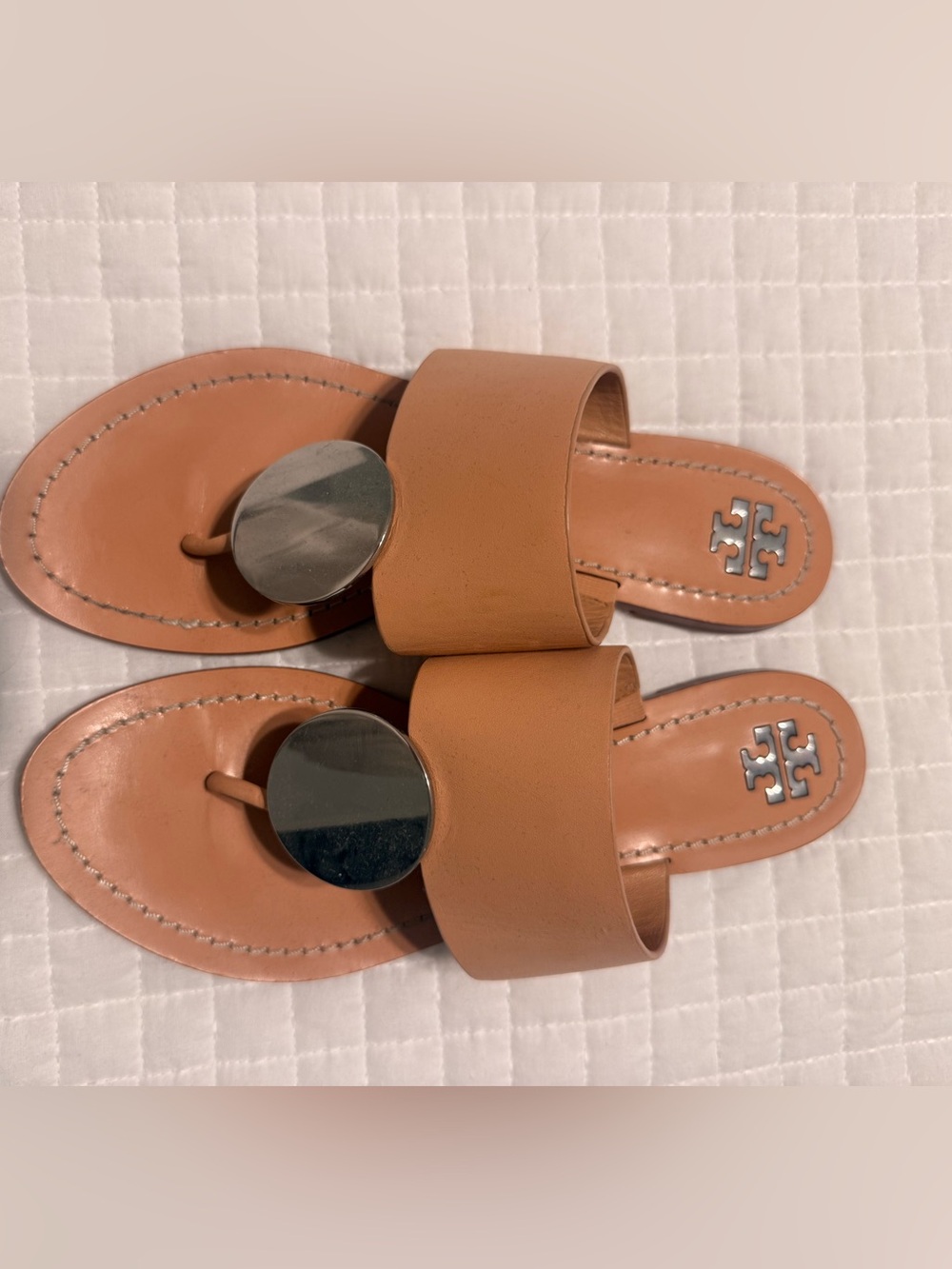 Tory Burch Tan Leather Slide Sandals with Silver Medallion